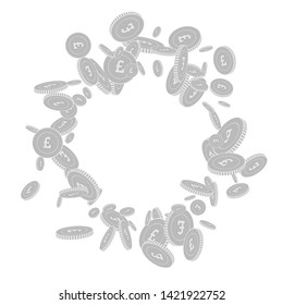 British pound coins falling. Scattered black and white GBP floating coins. Jackpot or success concept. Gorgeous round scattered frame vector illustration.