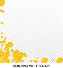 British pound coins falling. Scattered floating GBP coins on transparent background. Actual abstract left bottom corner vector illustration. Jackpot or success concept.