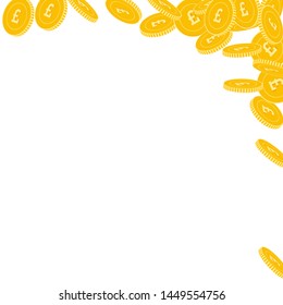 British pound coins falling. Scattered big GBP coins on white background. Curious abstract right top corner vector illustration. Jackpot or success concept.