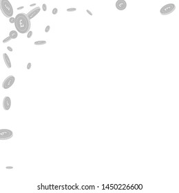 British pound coins falling. Scattered black and white GBP disorderly coins. Jackpot or success concept. Posh abstract left top corner vector illustration.