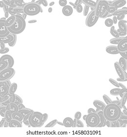 British pound coins falling. Scattered black and white GBP floating coins. Jackpot or success concept. Brilliant corner frame vector illustration.
