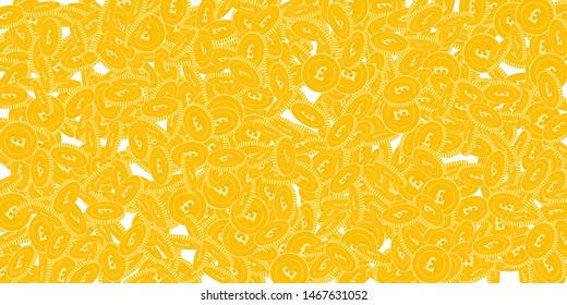British pound coins falling. Scattered big GBP coins on white background. Likable wide scatter vector illustration. Jackpot or success concept.