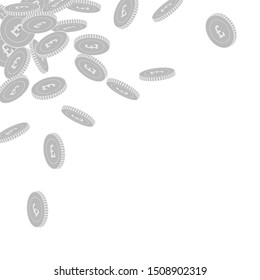British pound coins falling. Scattered black and white GBP big coins. Jackpot or success concept. Remarkable scattered top left corner vector illustration.