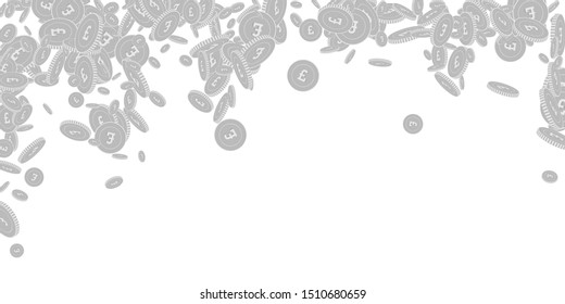 British pound coins falling. Scattered black and white GBP floating coins. Jackpot or success concept. Precious falling rain vector illustration.