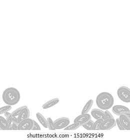 British pound coins falling. Scattered black and white GBP big coins. Jackpot or success concept. Neat abstract bottom vector illustration.