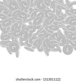 British pound coins falling. Scattered black and white GBP big coins. Jackpot or success concept. Wonderful top gradient square vector illustration.