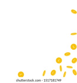 British pound coins falling. Scattered sparse GBP coins on white background. Cool abstract right bottom corner vector illustration. Jackpot or success concept.