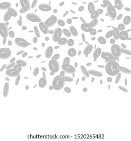 British pound coins falling. Scattered black and white GBP disorderly coins. Jackpot or success concept. Wondrous top gradient square vector illustration.