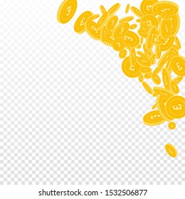 British pound coins falling. Scattered floating GBP coins on transparent background. Pleasant top right corner vector illustration. Jackpot or success concept.