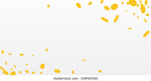 British pound coins falling. Scattered disorderly GBP coins on transparent background. Favorable wide corners vector illustration. Jackpot or success concept.