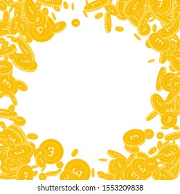 British pound coins falling. Scattered floating GBP coins on white background. Fresh round random frame vector illustration. Jackpot or success concept.
