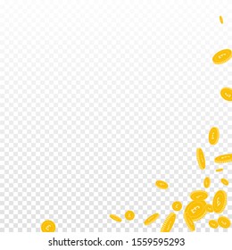 British pound coins falling. Scattered disorderly GBP coins on transparent background. Breathtaking abstract right bottom corner vector illustration. Jackpot or success concept.
