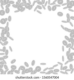 British pound coins falling. Scattered black and white GBP small coins. Jackpot or success concept. Bewitching chaotic border vector illustration.