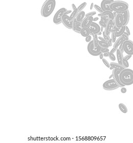 British pound coins falling. Scattered black and white GBP floating coins. Jackpot or success concept. Astonishing top right corner vector illustration.