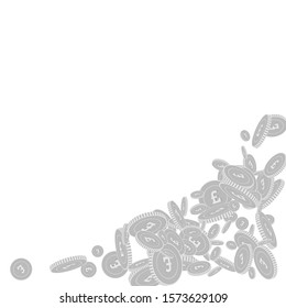 British pound coins falling. Scattered black and white GBP floating coins. Jackpot or success concept. Astonishing bottom right corner vector illustration.