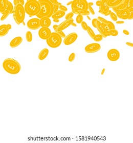 British pound coins falling. Scattered floating GBP coins on white background. Uncommon scatter top gradient vector illustration. Jackpot or success concept.