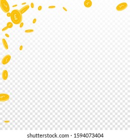 British pound coins falling. Scattered disorderly GBP coins on transparent background. Artistic abstract left top corner vector illustration. Jackpot or success concept.
