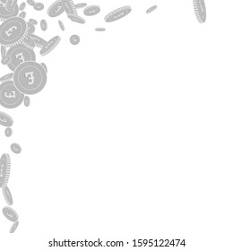 British pound coins falling. Scattered black and white GBP floating coins. Jackpot or success concept. Positive abstract left top corner vector illustration.