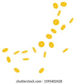 British pound coins falling. Scattered sparse GBP coins on white background. Flawless big radiant left top corner vector illustration. Jackpot or success concept.