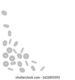 British pound coins falling. Scattered black and white GBP sparse coins. Jackpot or success concept. Amusing bottom left corner vector illustration.