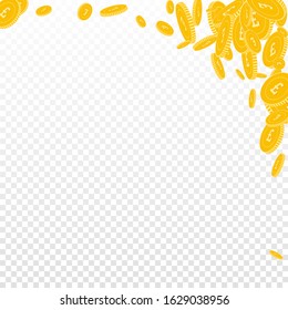 British pound coins falling. Scattered floating GBP coins on transparent background. Decent abstract right top corner vector illustration. Jackpot or success concept.
