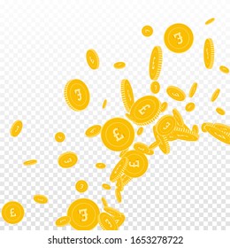 Monedas británicas cayendo. Monedas de GBP flotantes dispersas sobre fondo transparente. Ilustración vectorial de esquina inferior derecha del radiante frío. Acumulado o concepto de éxito.