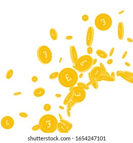 Monedas británicas cayendo. Monedas de GBP flotantes dispersas sobre fondo blanco. Ilustración vectorial de esquina inferior derecha con radiante creativo. Acumulado o concepto de éxito.