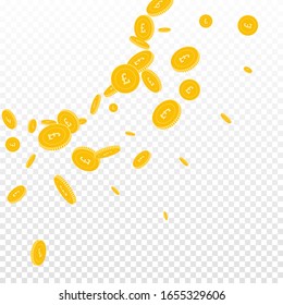 British pound coins falling. Scattered disorderly GBP coins on transparent background. Beauteous radiant left top corner vector illustration. Jackpot or success concept.