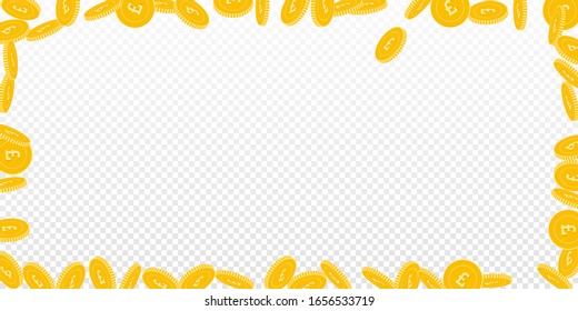 British pound coins falling. Scattered bi GBP coins on transparent background. Graceful wide frame vector illustration. Jackpot or success concept.