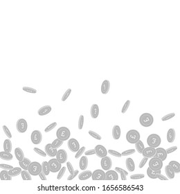 British pound coins falling. Scattered black and white GBP small coins. Jackpot or success concept. Juicy scatter bottom gradient vector illustration.