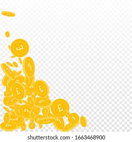 British pound coins falling. Scattered floating GBP coins on transparent background. Mind-blowing bottom left corner vector illustration. Jackpot or success concept.