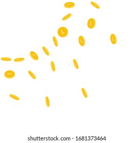 British pound coins falling. Scattered sparse GBP coins on white background. Captivating radiant left top corner vector illustration. Jackpot or success concept.