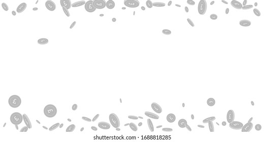 British pound coins falling. Scattered black and white GBP disorderly coins. Jackpot or success concept. Sightly scattered border vector illustration.