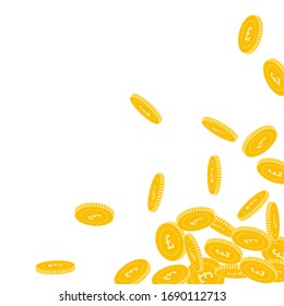 British pound coins falling. Scattered big GBP coins on white background. Appealing scattered bottom right corner vector illustration. Jackpot or success concept.