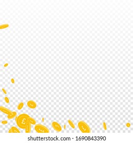 British pound coins falling. Scattered disorderly GBP coins on transparent background. Wondrous abstract left bottom corner vector illustration. Jackpot or success concept.