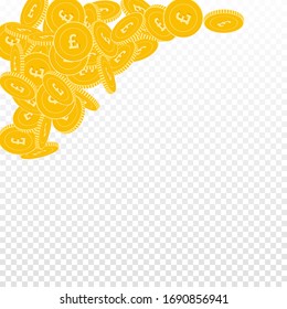 British pound coins falling. Scattered big GBP coins on transparent background. Majestic top left corner vector illustration. Jackpot or success concept.