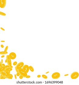 British pound coins falling. Scattered floating GBP coins on white background. Admirable abstract left bottom corner vector illustration. Jackpot or success concept.