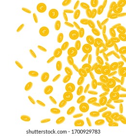 British pound coins falling. Scattered small GBP coins on white background. Emotional right gradient vector illustration. Jackpot or success concept.