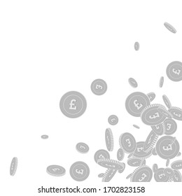 British pound coins falling. Scattered black and white GBP floating coins. Jackpot or success concept. Positive scattered bottom right corner vector illustration.