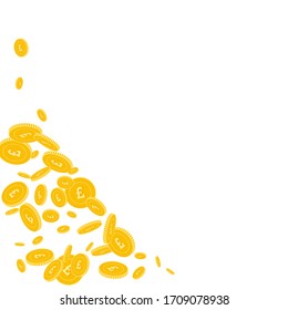 Britische Pfund-Münzen fallen. Geschachtelte ungeordnete GBP-Münzen auf weißem Hintergrund. Vektorillustration in der unteren linken Ecke der Mesmerie. Jackpot oder Erfolgskonzept.