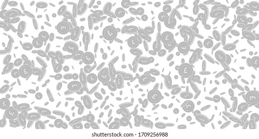 British pound coins falling. Scattered black and white GBP disorderly coins. Jackpot or success concept. Actual wide scatter vector illustration.