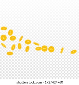 British pound coins falling. Scattered sparse GBP coins on transparent background. Fine square shape vector illustration. Jackpot or success concept.