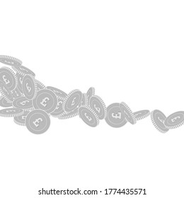 Monedas británicas cayendo. Monedas grandes dispersas en blanco y negro GBP. Bote o concepto de éxito. Ilustración de vector de forma cuadrada simétrica.