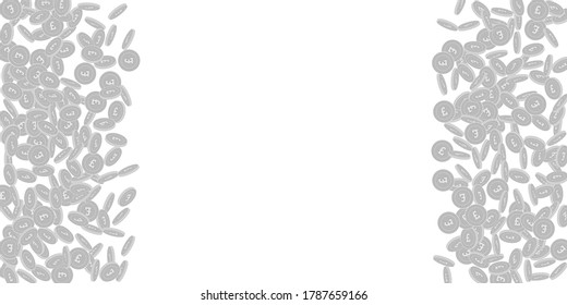 British pound coins falling. Scattered black and white GBP small coins. Jackpot or success concept. Remarkable right left border vector illustration.