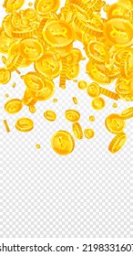 British pound coins falling. Scattered gold GBP coins.  United Kingdom money. Jackpot wealth or success concept. Vector illustration.