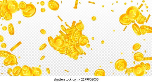 Monedas británicas cayendo. Monedas de oro dispersas GBP.  Dinero del Reino Unido. El concepto de riqueza o éxito del bote. Ilustración vectorial amplia.
