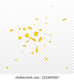 British pound coins falling. Scattered gold GBP coins.  United Kingdom money. Great business success concept. Square vector illustration.