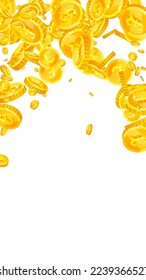 Monedas británicas cayendo. Monedas de oro dispersas GBP.  Dinero del Reino Unido. Gran concepto de éxito empresarial. Ilustración vectorial.
