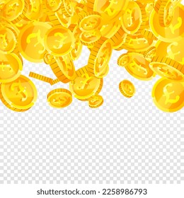 Monedas británicas cayendo. Monedas de oro dispersas GBP.  Dinero del Reino Unido. Gran concepto de éxito empresarial. Ilustración vectorial cuadrada.