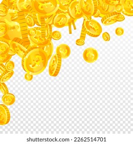 Monedas británicas cayendo. Monedas de oro dispersas GBP.  Dinero del Reino Unido. Concepto de crisis financiera global. Ilustración vectorial cuadrada.